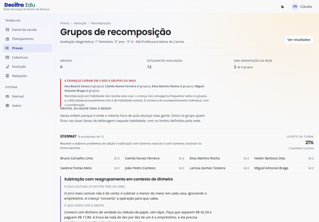Tela Grupos de recomposição: estudantes por habilidade e a orientação escrita pela rede.
